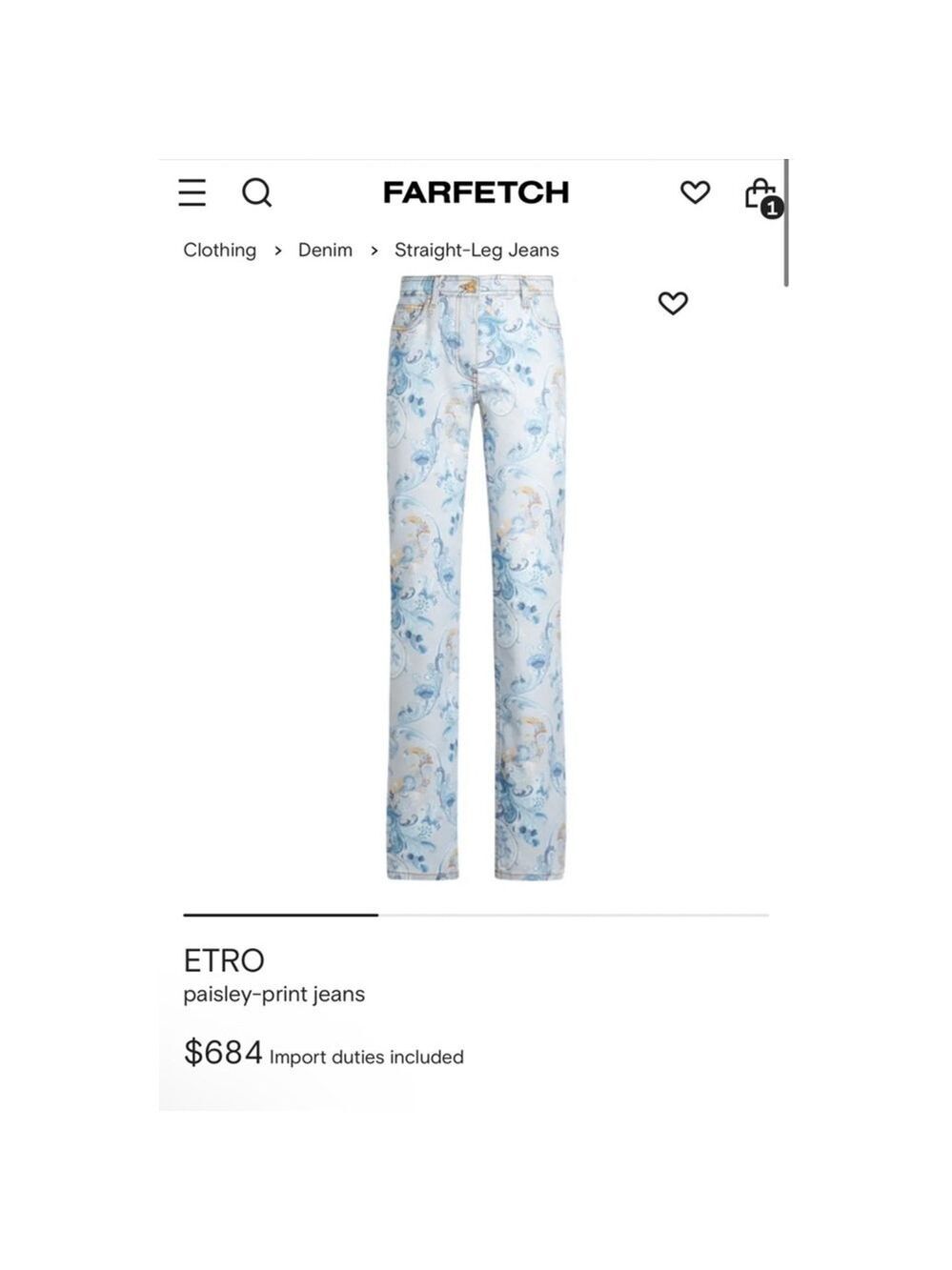 New Women's Etro Straight-Leg Jeans Size 30 Blue Paisley Print